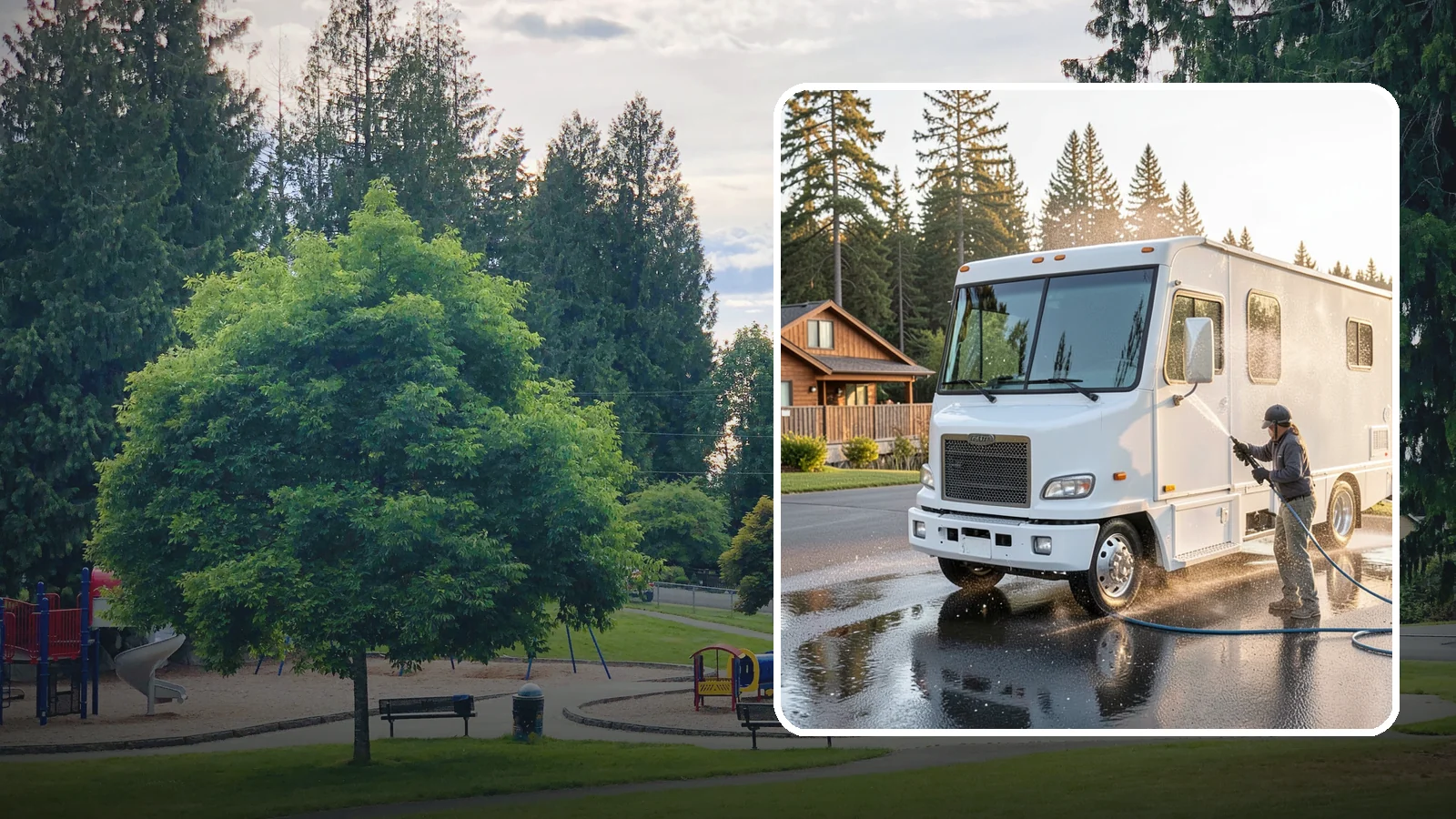 RV Washing in Bonney Lake, Pierce County, WA - We wash RVs and motorhomes in Washington to strip road film, black streaks, and the algae from months of storage.