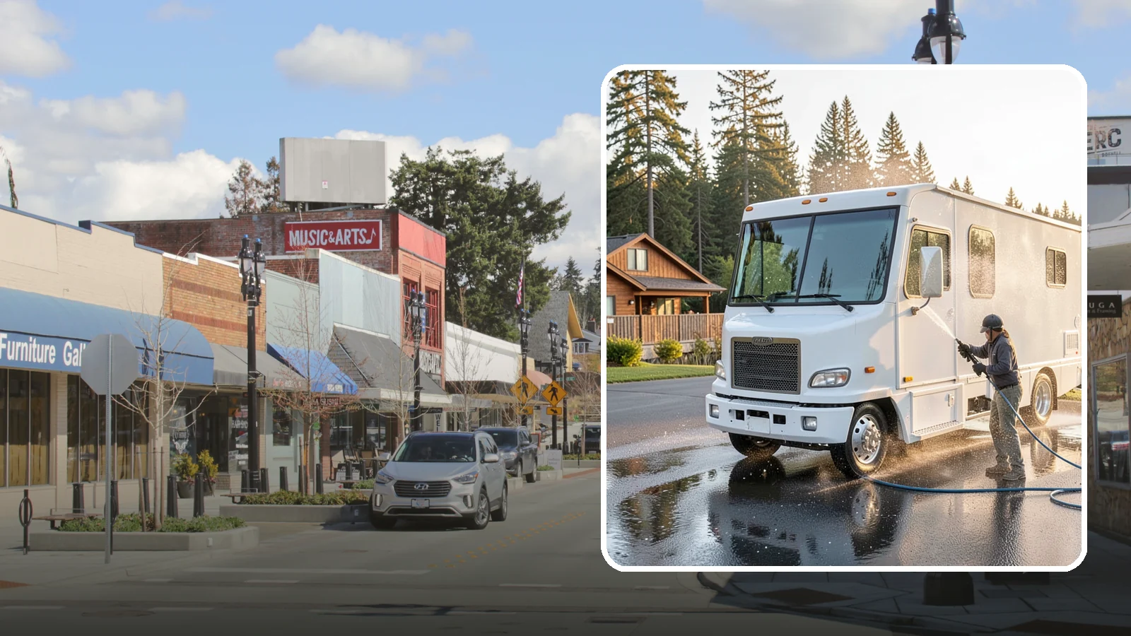RV Washing in Bothell, King County, WA - We wash RVs and motorhomes in Washington to strip road film, black streaks, and the algae from months of storage.