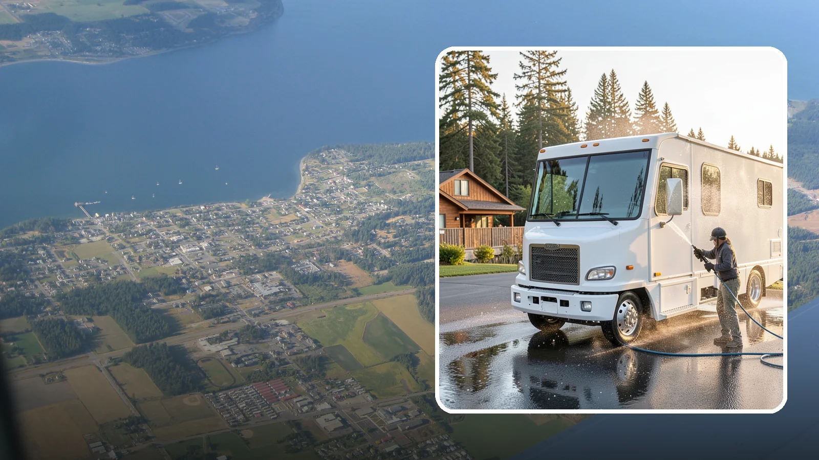 RV Washing in Coupeville, Island County, WA - We wash RVs and motorhomes in Washington to strip road film, black streaks, and the algae from months of storage.