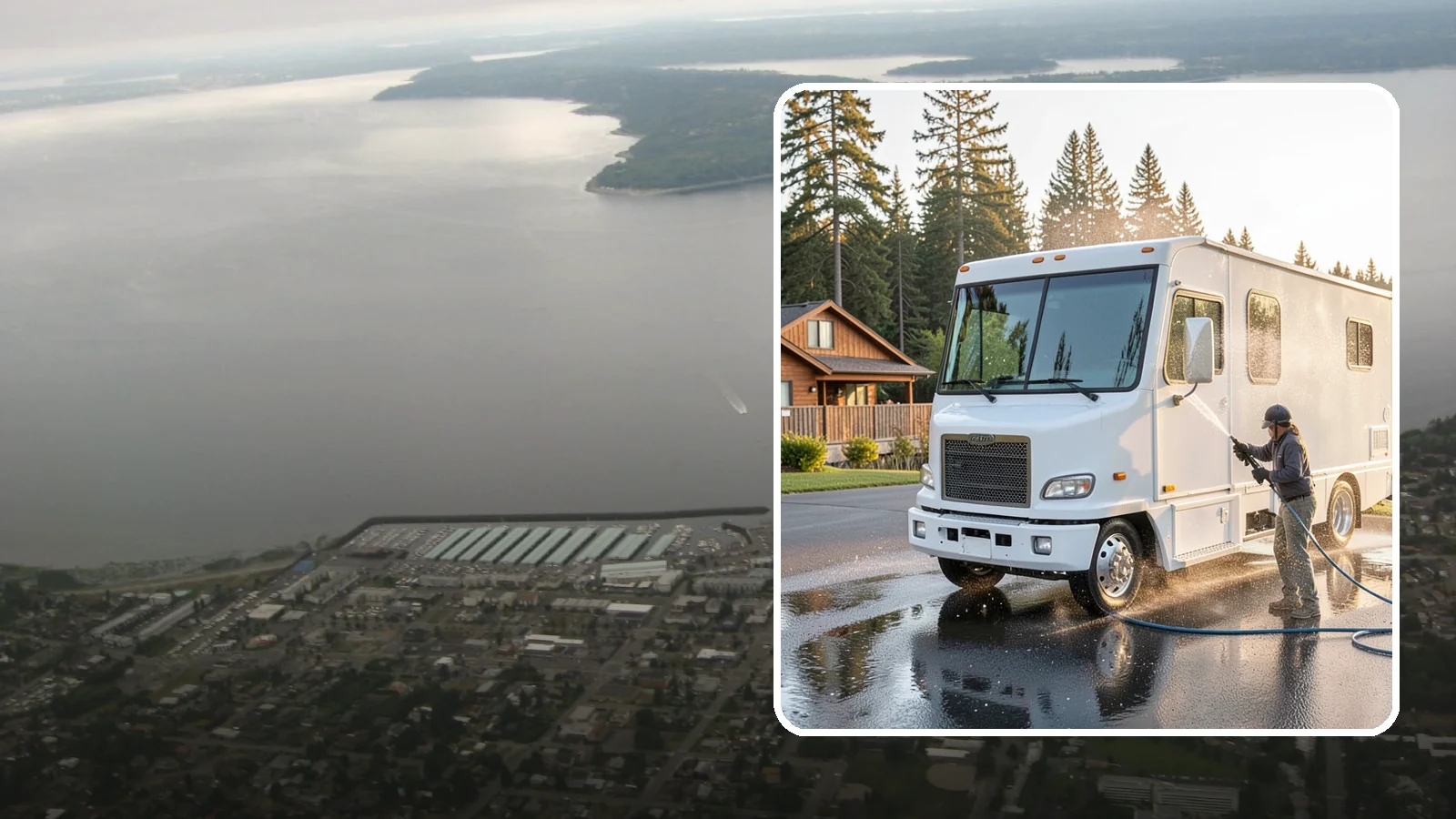 RV Washing in Des Moines, King County, WA - We wash RVs and motorhomes in Washington to strip road film, black streaks, and the algae from months of storage.
