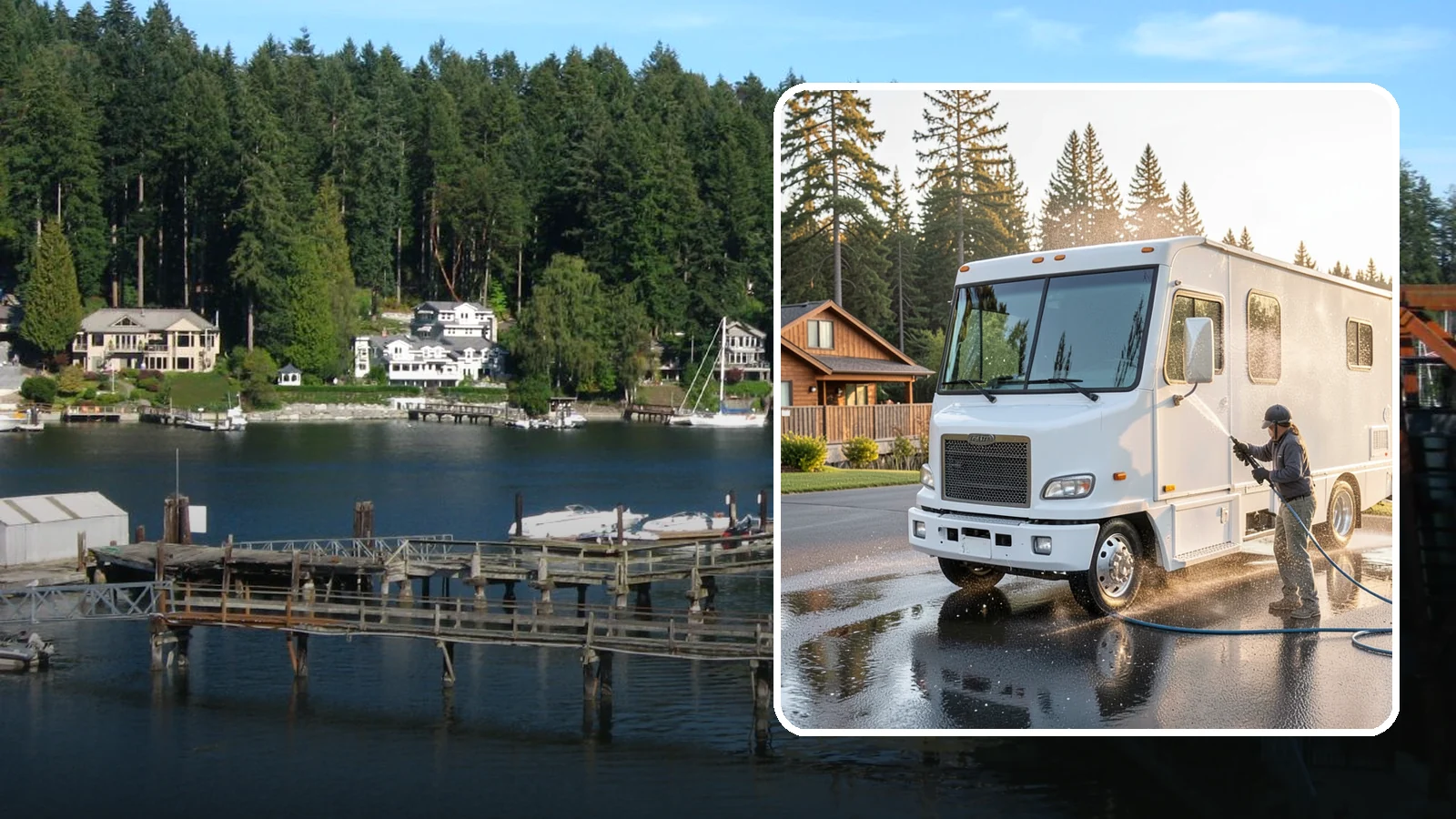 RV Washing in Gig Harbor, Pierce County, WA - We wash RVs and motorhomes in Washington to strip road film, black streaks, and the algae from months of storage.
