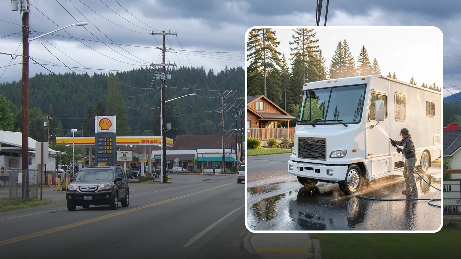 RV Washing in Granite Falls, Snohomish County, WA - We wash RVs and motorhomes in Washington to strip road film, black streaks, and the algae from months of storage.