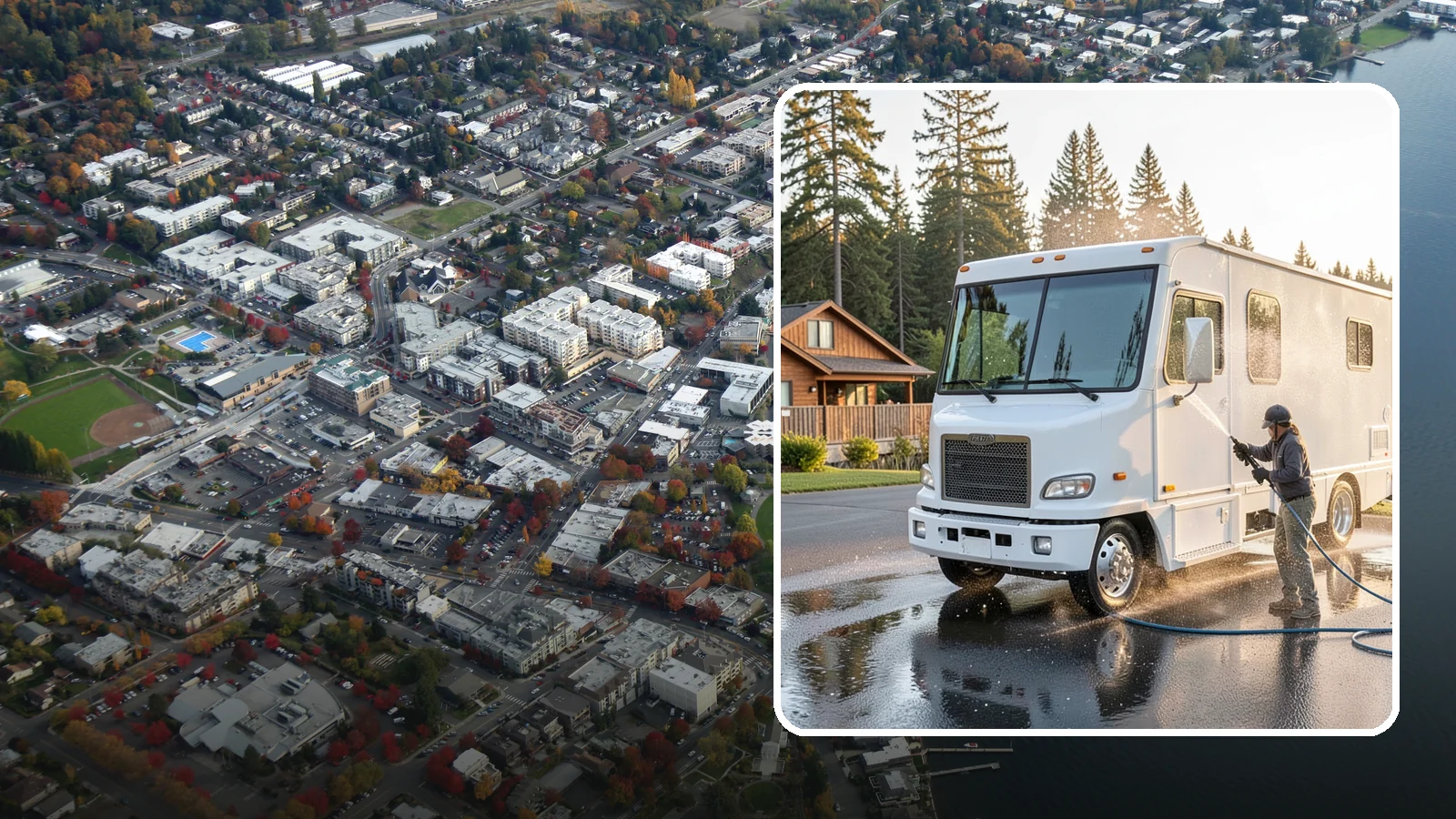 RV Washing in Kirkland, King County, WA - We wash RVs and motorhomes in Washington to strip road film, black streaks, and the algae from months of storage.