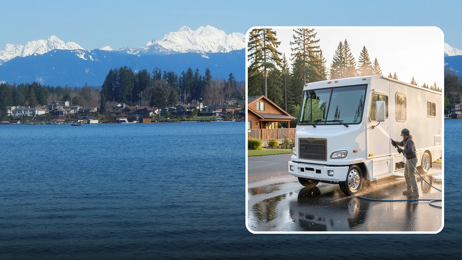 RV Washing in Lake Stevens, Snohomish County, WA - We wash RVs and motorhomes in Washington to strip road film, black streaks, and the algae from months of storage.