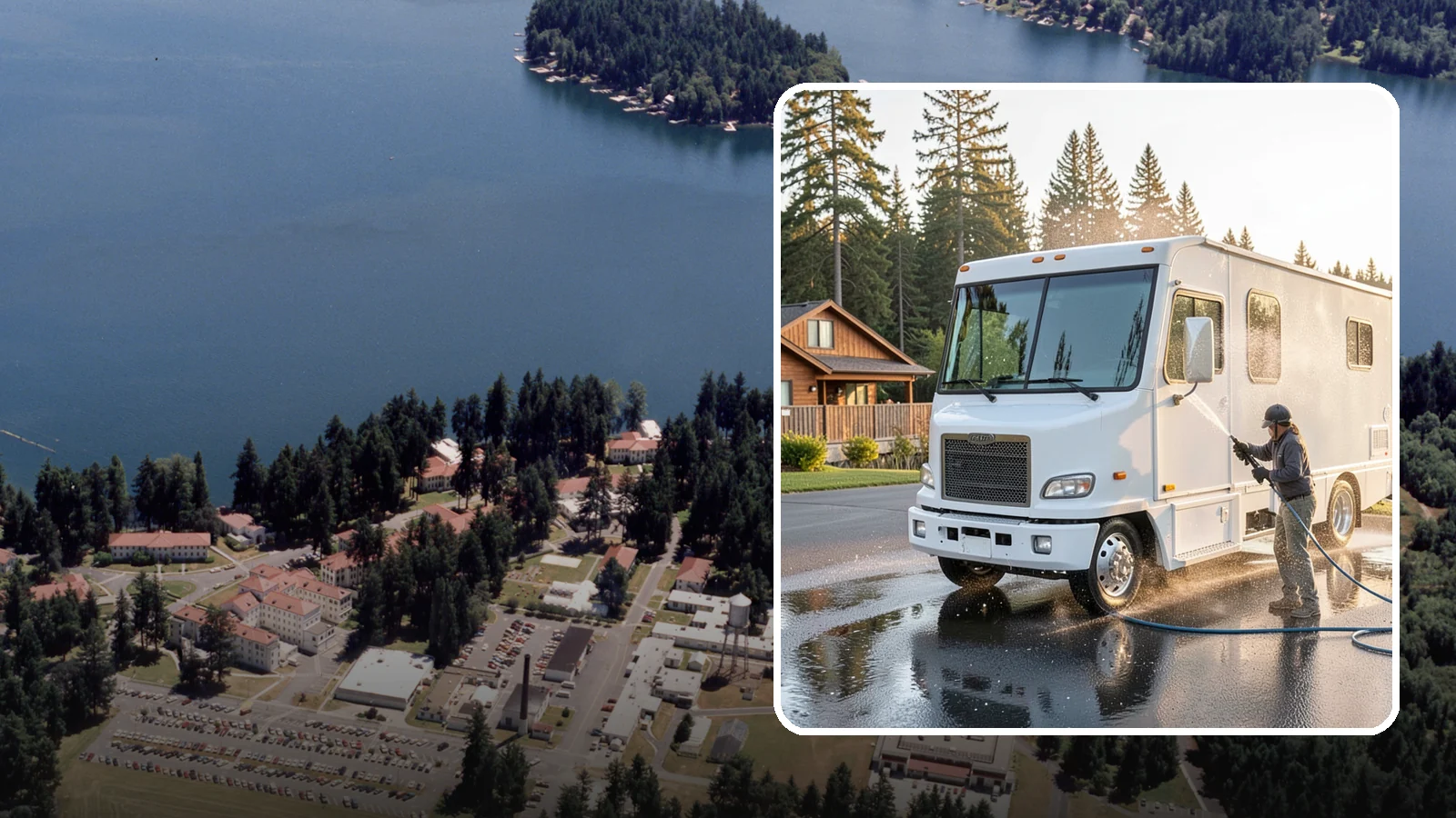RV Washing in Lakewood, Pierce County, WA - We wash RVs and motorhomes in Washington to strip road film, black streaks, and the algae from months of storage.