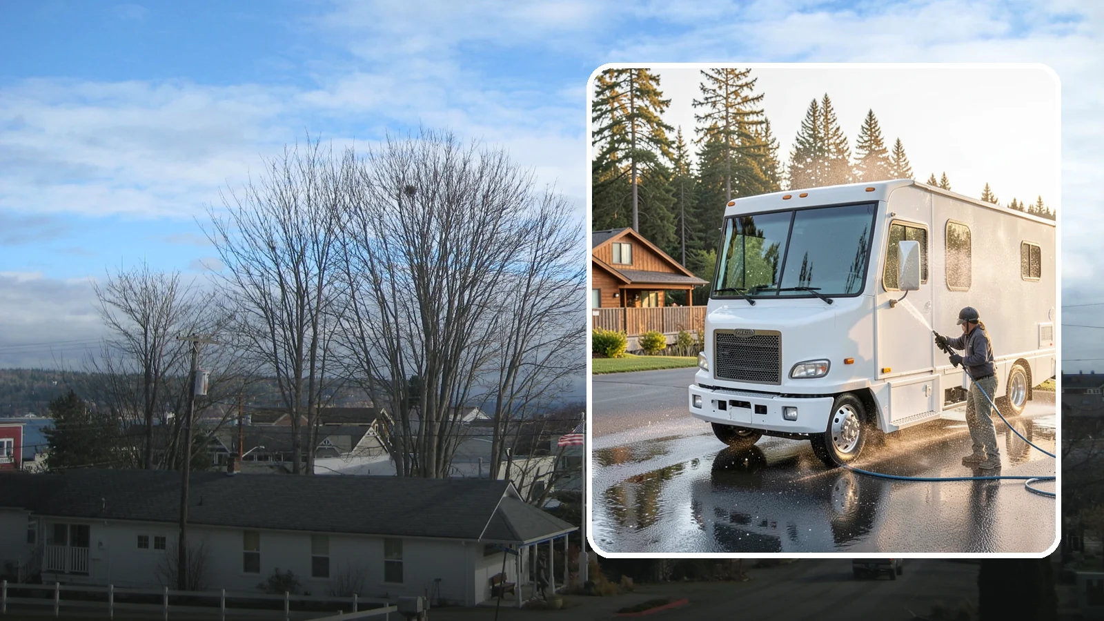 RV Washing in Langley, Island County, WA - We wash RVs and motorhomes in Washington to strip road film, black streaks, and the algae from months of storage.