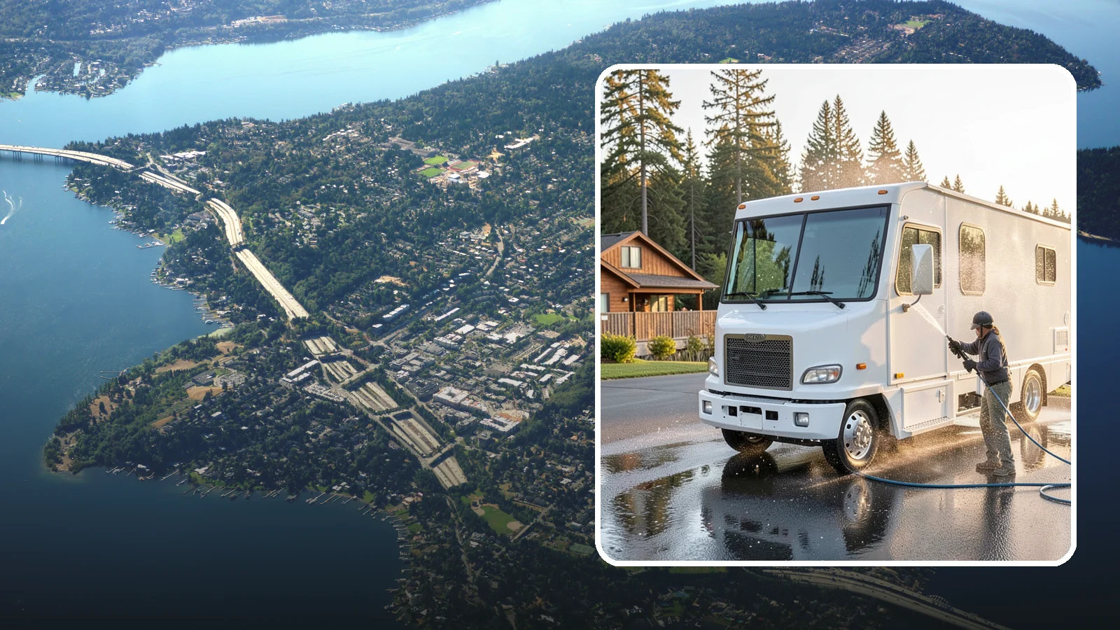 RV Washing in Mercer Island, King County, WA - We wash RVs and motorhomes in Washington to strip road film, black streaks, and the algae from months of storage.