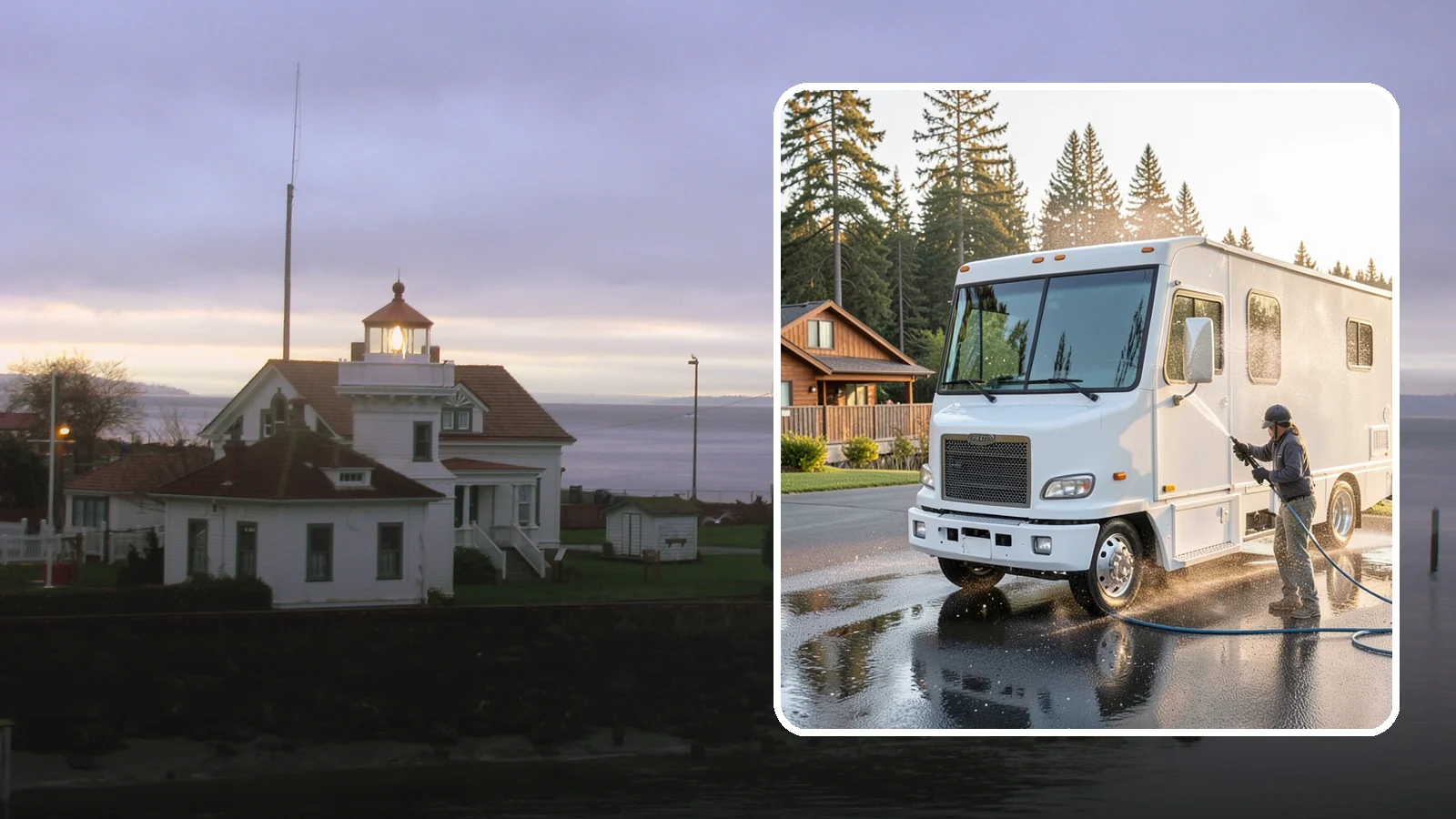 RV Washing in Mukilteo, Snohomish County, WA - We wash RVs and motorhomes in Washington to strip road film, black streaks, and the algae from months of storage.