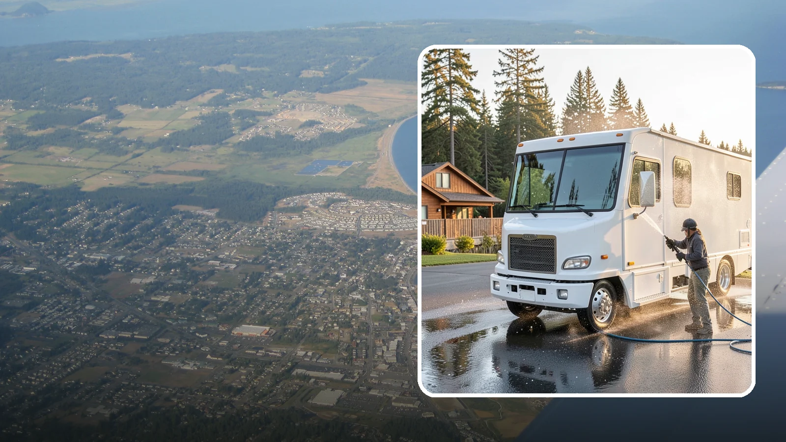 RV Washing in Oak Harbor, Island County, WA - We wash RVs and motorhomes in Washington to strip road film, black streaks, and the algae from months of storage.