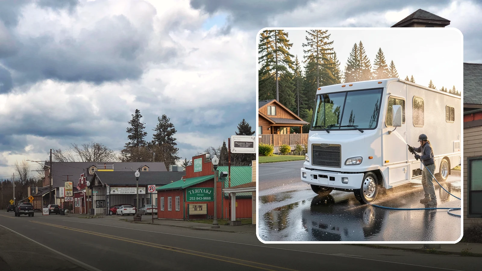 RV Washing in Roy, Pierce County, WA - We wash RVs and motorhomes in Washington to strip road film, black streaks, and the algae from months of storage.