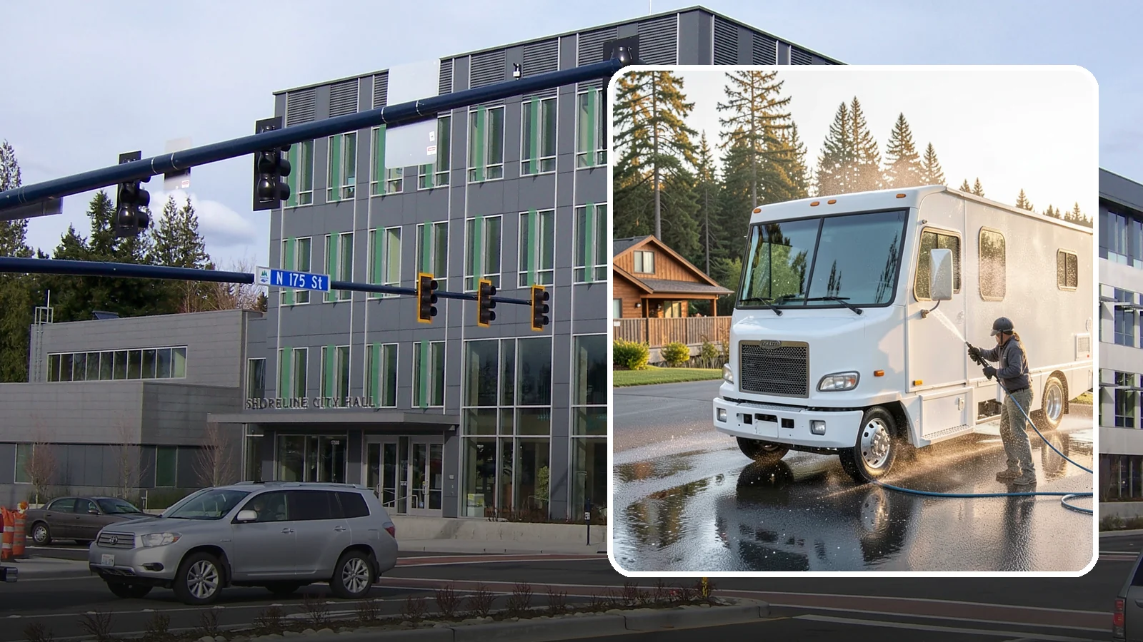 RV Washing in Shoreline, King County, WA - We wash RVs and motorhomes in Washington to strip road film, black streaks, and the algae from months of storage.