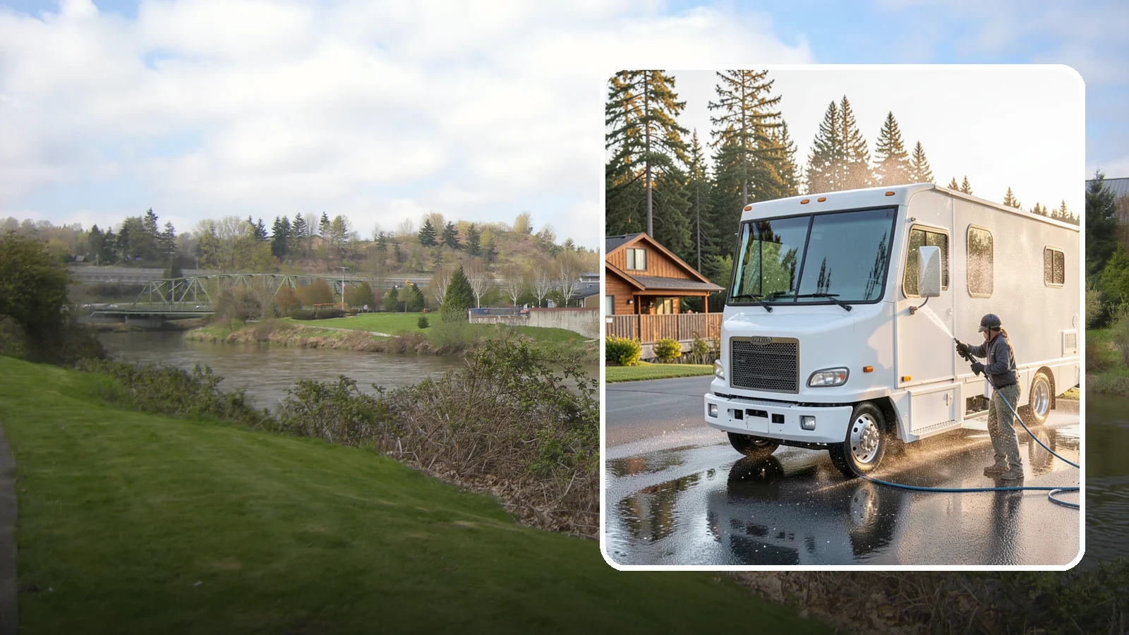RV Washing in Tukwila, King County, WA - We wash RVs and motorhomes in Washington to strip road film, black streaks, and the algae from months of storage.