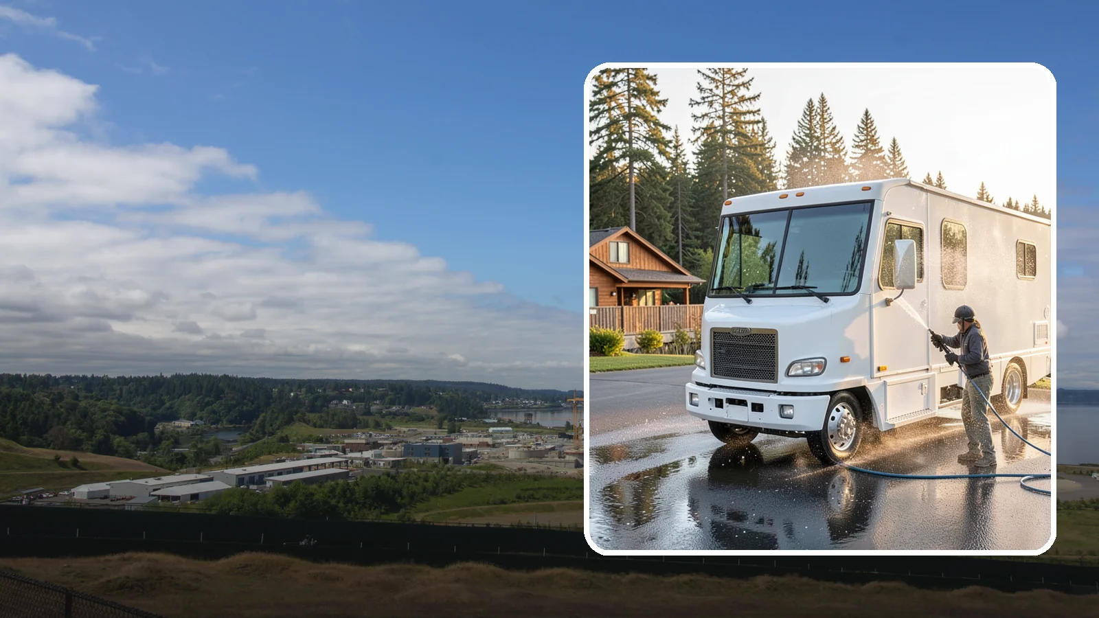 RV Washing in University Place, Pierce County, WA - We wash RVs and motorhomes in Washington to strip road film, black streaks, and the algae from months of storage.