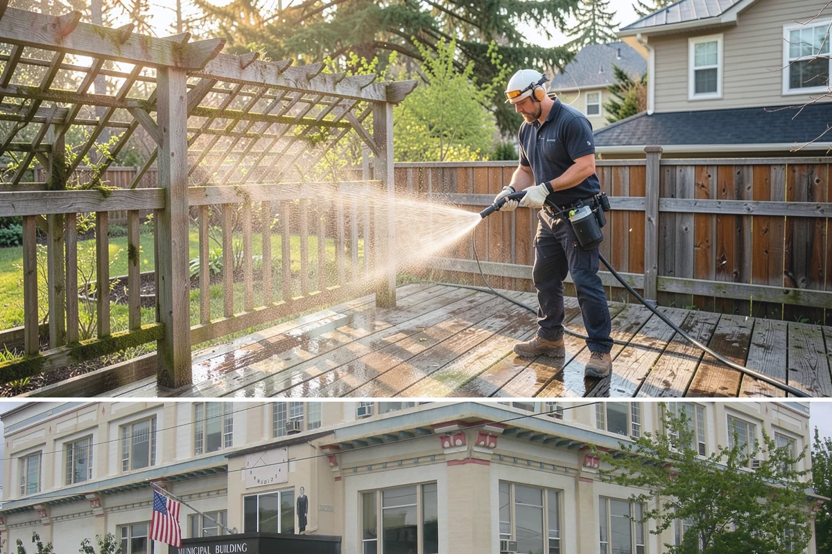 Sandstone Cleaning in Anacortes, Skagit County, WA - A dry summer window is important so the porous stone can shed moisture and avoid the flaking that oversaturation causes.