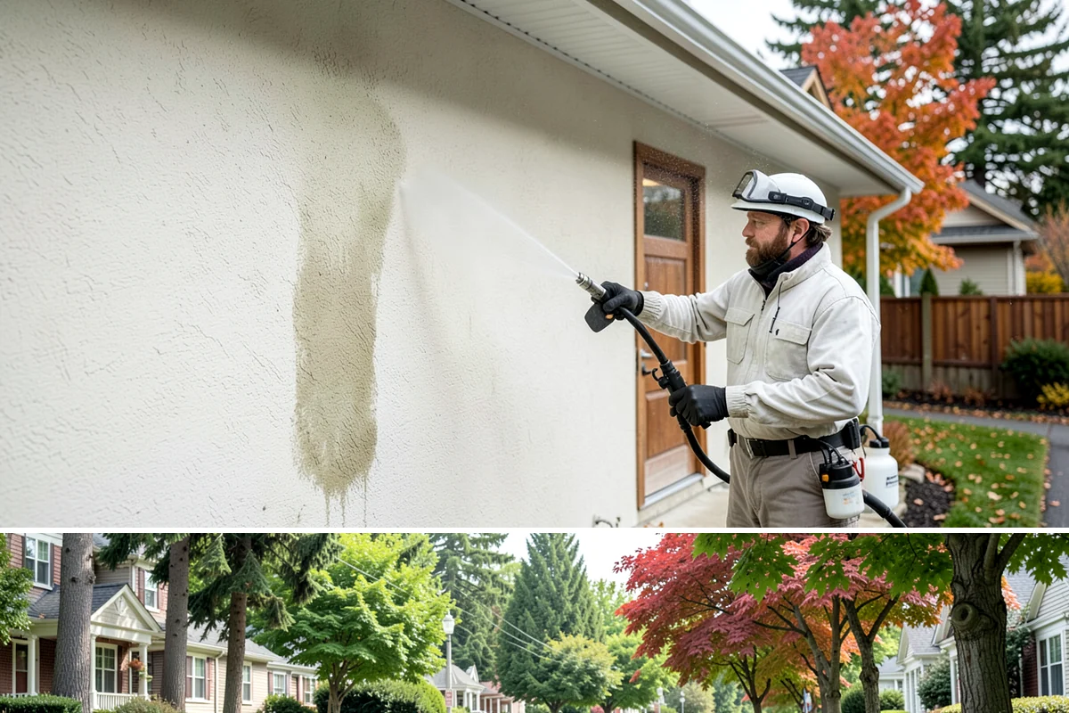 Sandstone Cleaning in Beaux Arts Village, King County, WA - A dry summer window is important so the porous stone can shed moisture and avoid the flaking that oversaturation causes.