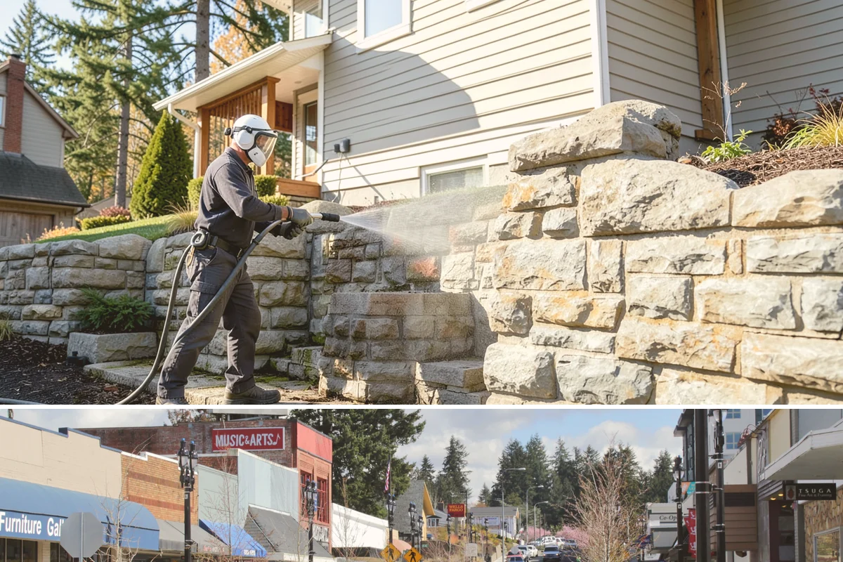Sandstone Cleaning in Bothell, King County, WA - A dry summer window is important so the porous stone can shed moisture and avoid the flaking that oversaturation causes.