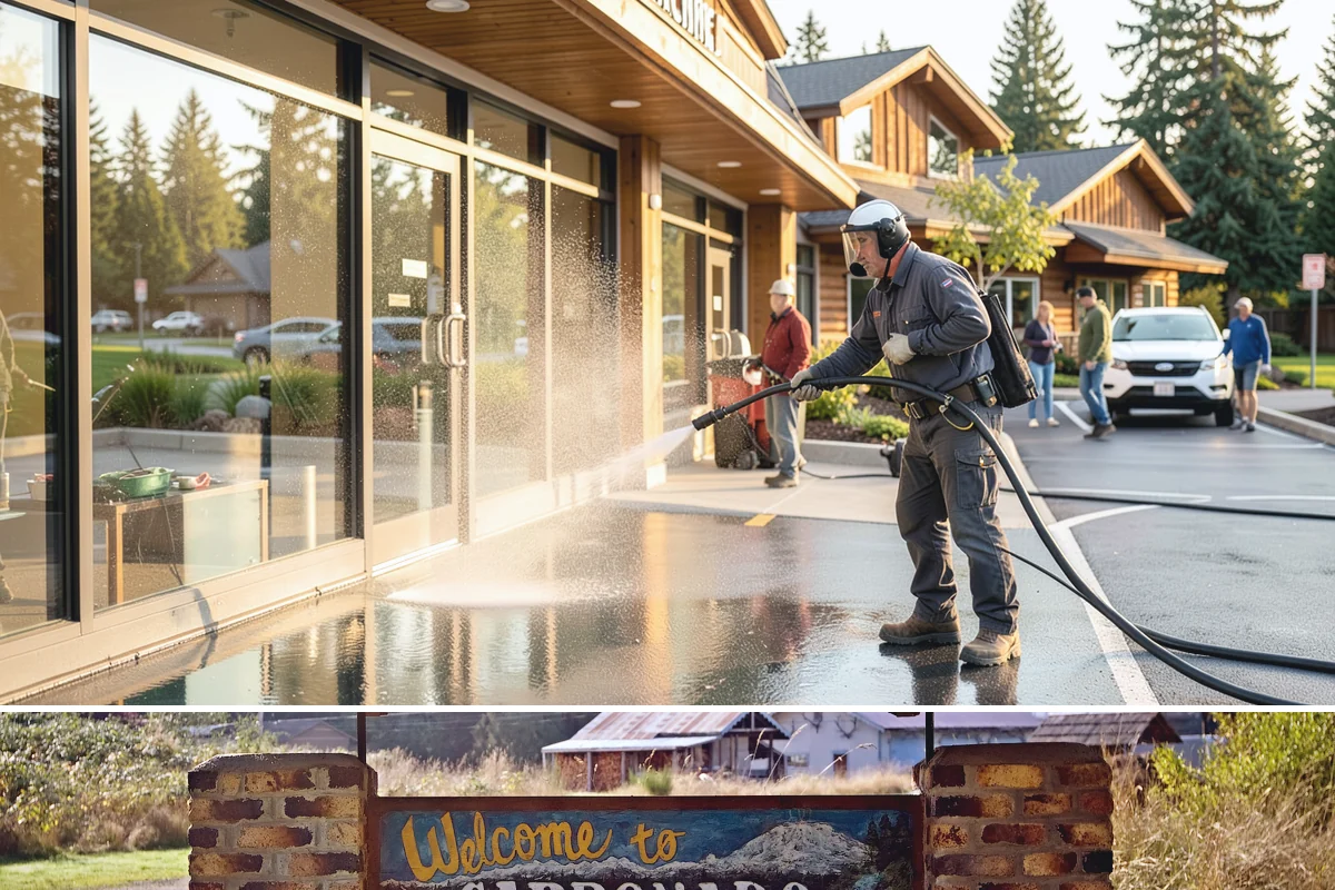 Sandstone Cleaning in Carbonado, Pierce County, WA - A dry summer window is important so the porous stone can shed moisture and avoid the flaking that oversaturation causes.