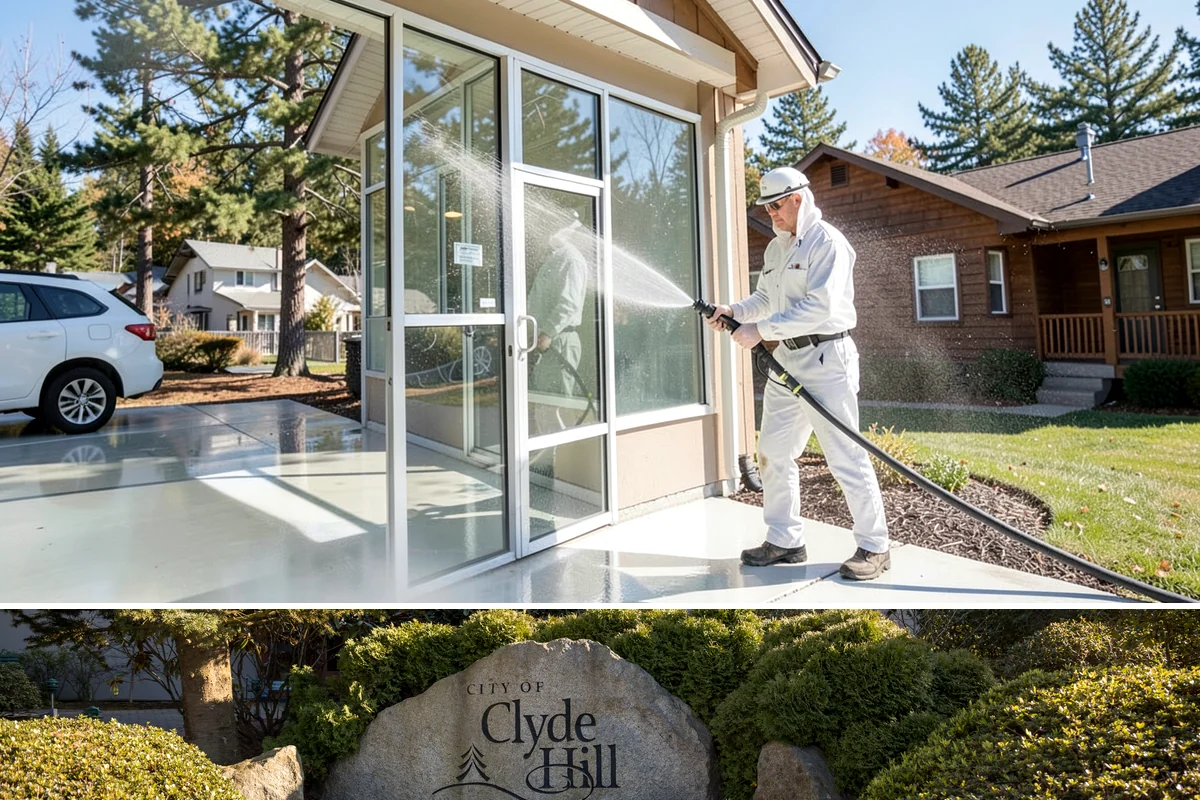 Sandstone Cleaning in Clyde Hill, King County, WA - A dry summer window is important so the porous stone can shed moisture and avoid the flaking that oversaturation causes.