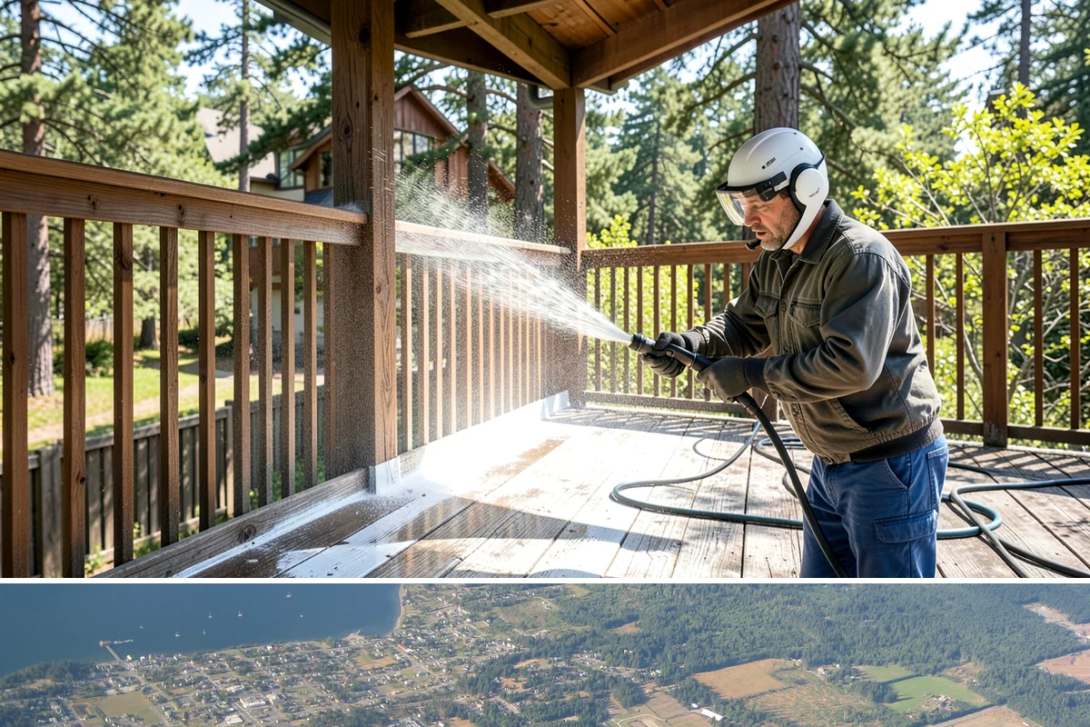 Sandstone Cleaning in Coupeville, Island County, WA - A dry summer window is important so the porous stone can shed moisture and avoid the flaking that oversaturation causes.