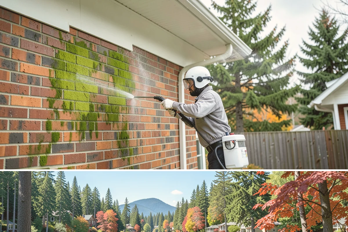Sandstone Cleaning in Covington, King County, WA - A dry summer window is important so the porous stone can shed moisture and avoid the flaking that oversaturation causes.