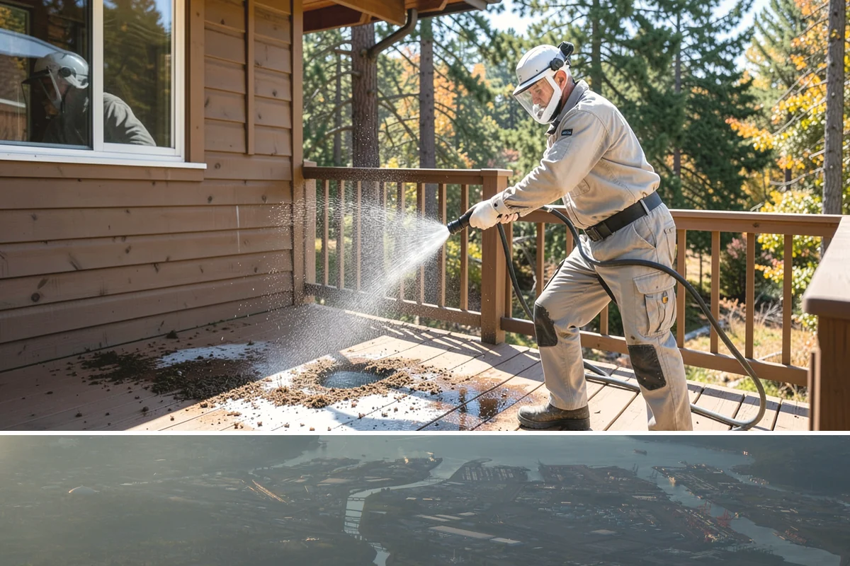 Sandstone Cleaning in Fife, Pierce County, WA - A dry summer window is important so the porous stone can shed moisture and avoid the flaking that oversaturation causes.