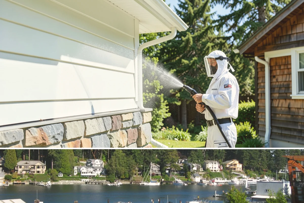 Sandstone Cleaning in Gig Harbor, Pierce County, WA - A dry summer window is important so the porous stone can shed moisture and avoid the flaking that oversaturation causes.