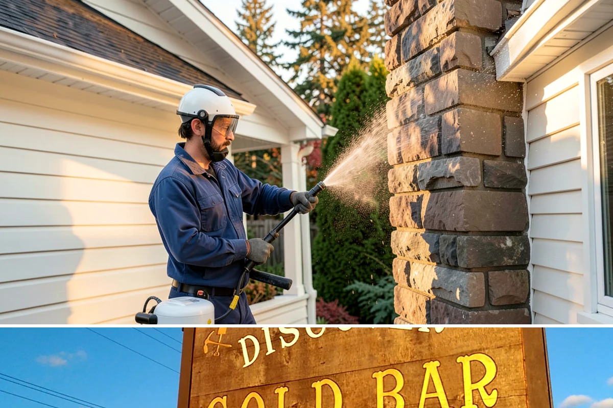 Sandstone Cleaning in Gold Bar, Snohomish County, WA - A dry summer window is important so the porous stone can shed moisture and avoid the flaking that oversaturation causes.