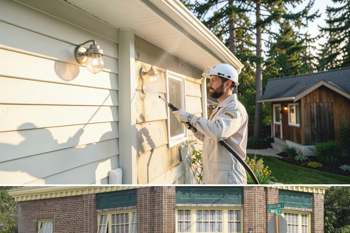 Sandstone Cleaning in Hamilton, Skagit County, WA - A dry summer window is important so the porous stone can shed moisture and avoid the flaking that oversaturation causes.