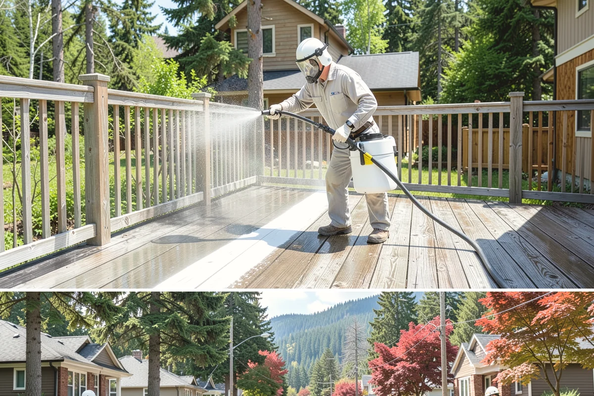 Sandstone Cleaning in Hunts Point, King County, WA - A dry summer window is important so the porous stone can shed moisture and avoid the flaking that oversaturation causes.
