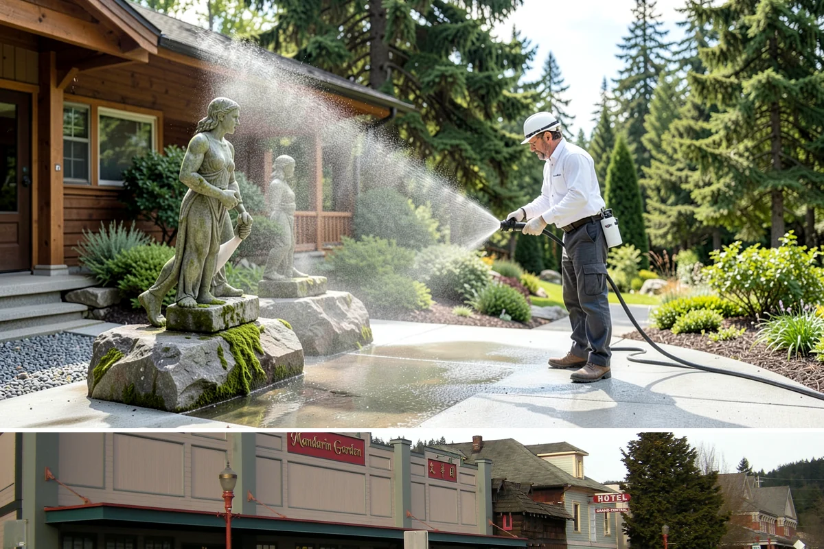 Sandstone Cleaning in Issaquah, King County, WA - A dry summer window is important so the porous stone can shed moisture and avoid the flaking that oversaturation causes.