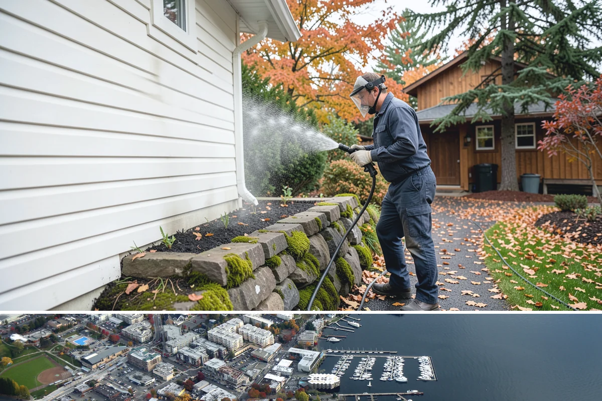 Sandstone Cleaning in Kirkland, King County, WA - A dry summer window is important so the porous stone can shed moisture and avoid the flaking that oversaturation causes.