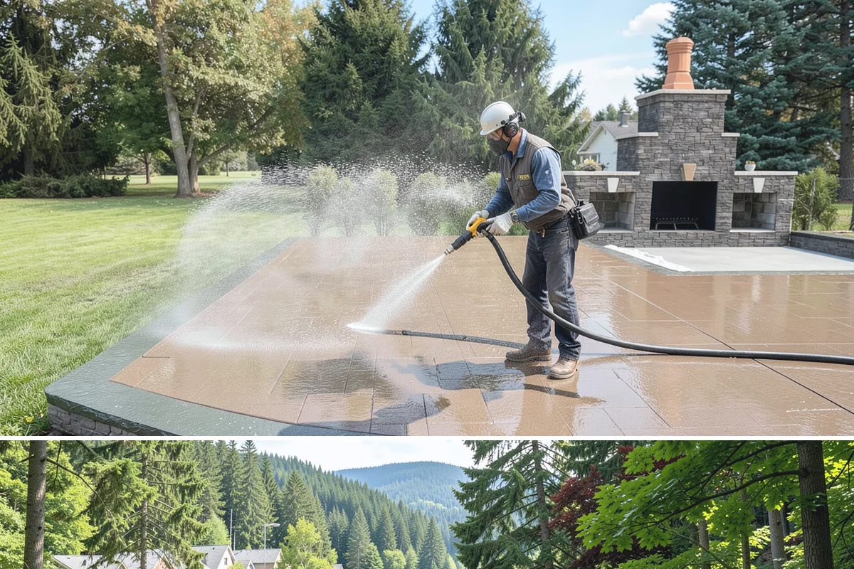Sandstone Cleaning in Lake Forest Park, King County, WA - A dry summer window is important so the porous stone can shed moisture and avoid the flaking that oversaturation causes.