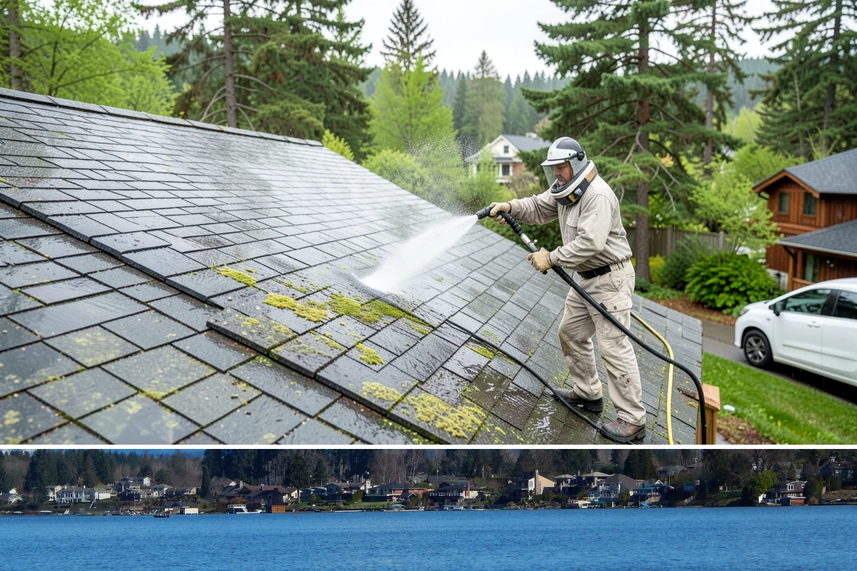 Sandstone Cleaning in Lake Stevens, Snohomish County, WA - A dry summer window is important so the porous stone can shed moisture and avoid the flaking that oversaturation causes.
