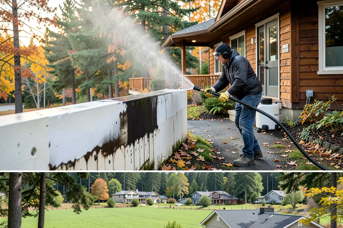 Sandstone Cleaning in Lyman, Skagit County, WA - A dry summer window is important so the porous stone can shed moisture and avoid the flaking that oversaturation causes.