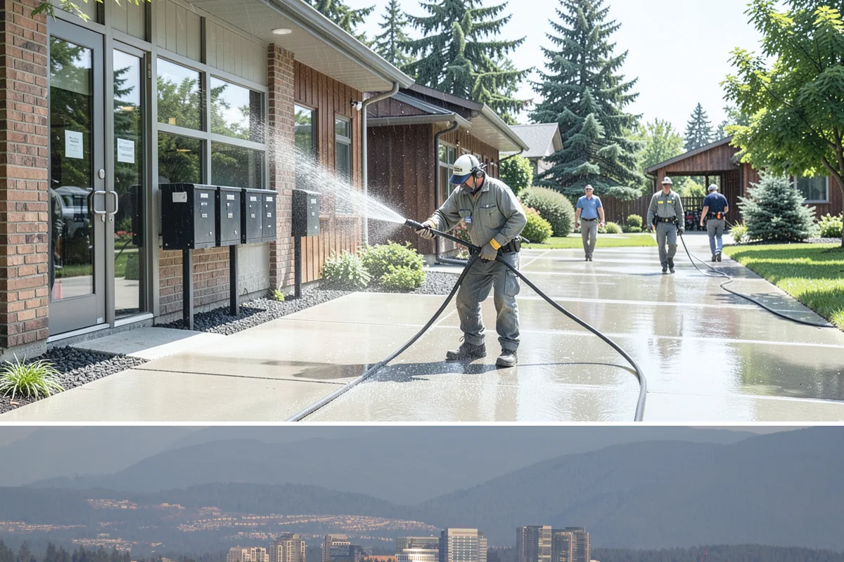 Sandstone Cleaning in Medina, King County, WA - A dry summer window is important so the porous stone can shed moisture and avoid the flaking that oversaturation causes.