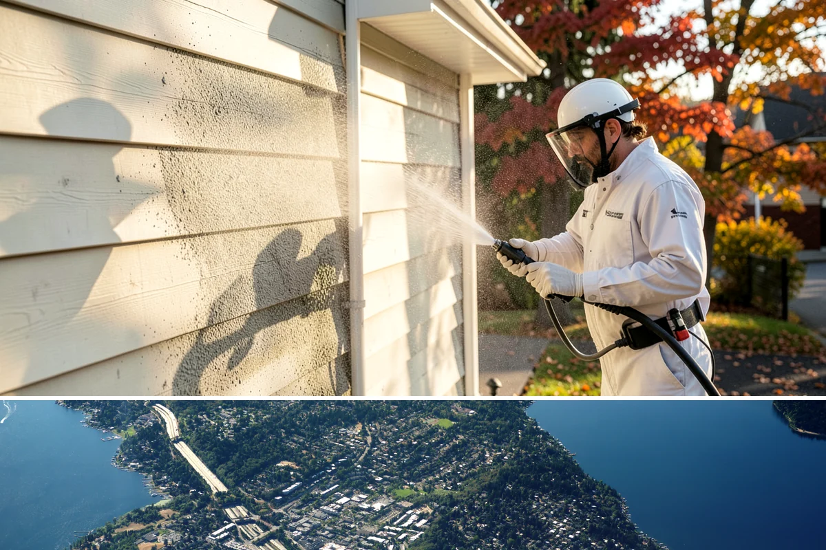 Sandstone Cleaning in Mercer Island, King County, WA - A dry summer window is important so the porous stone can shed moisture and avoid the flaking that oversaturation causes.