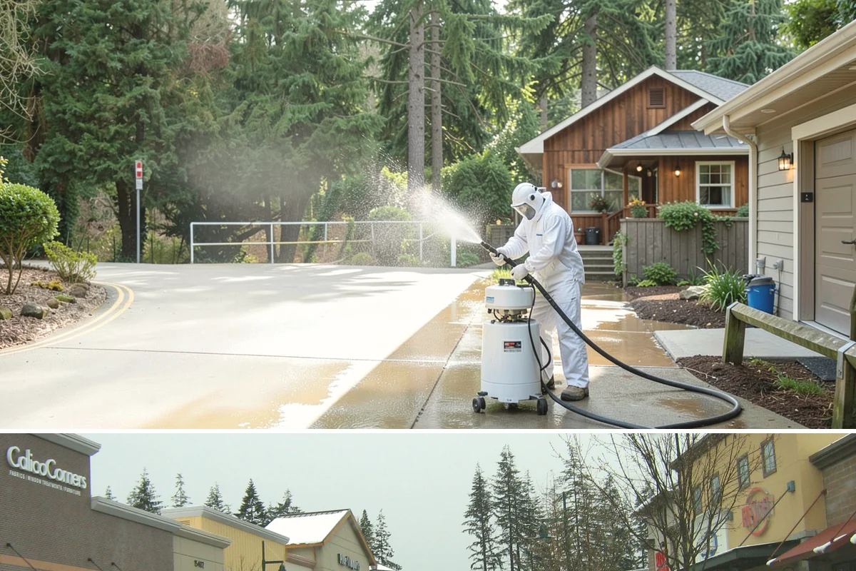 Sandstone Cleaning in Mill Creek, Snohomish County, WA - A dry summer window is important so the porous stone can shed moisture and avoid the flaking that oversaturation causes.