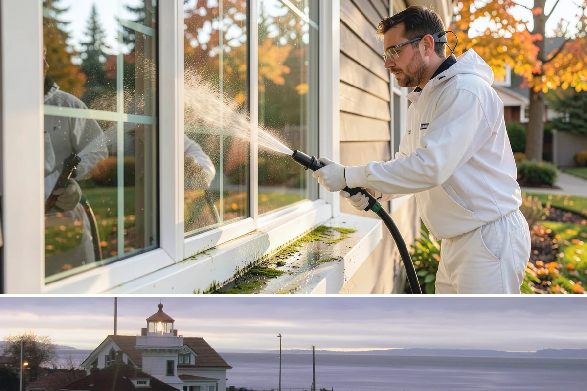 Sandstone Cleaning in Mukilteo, Snohomish County, WA - A dry summer window is important so the porous stone can shed moisture and avoid the flaking that oversaturation causes.