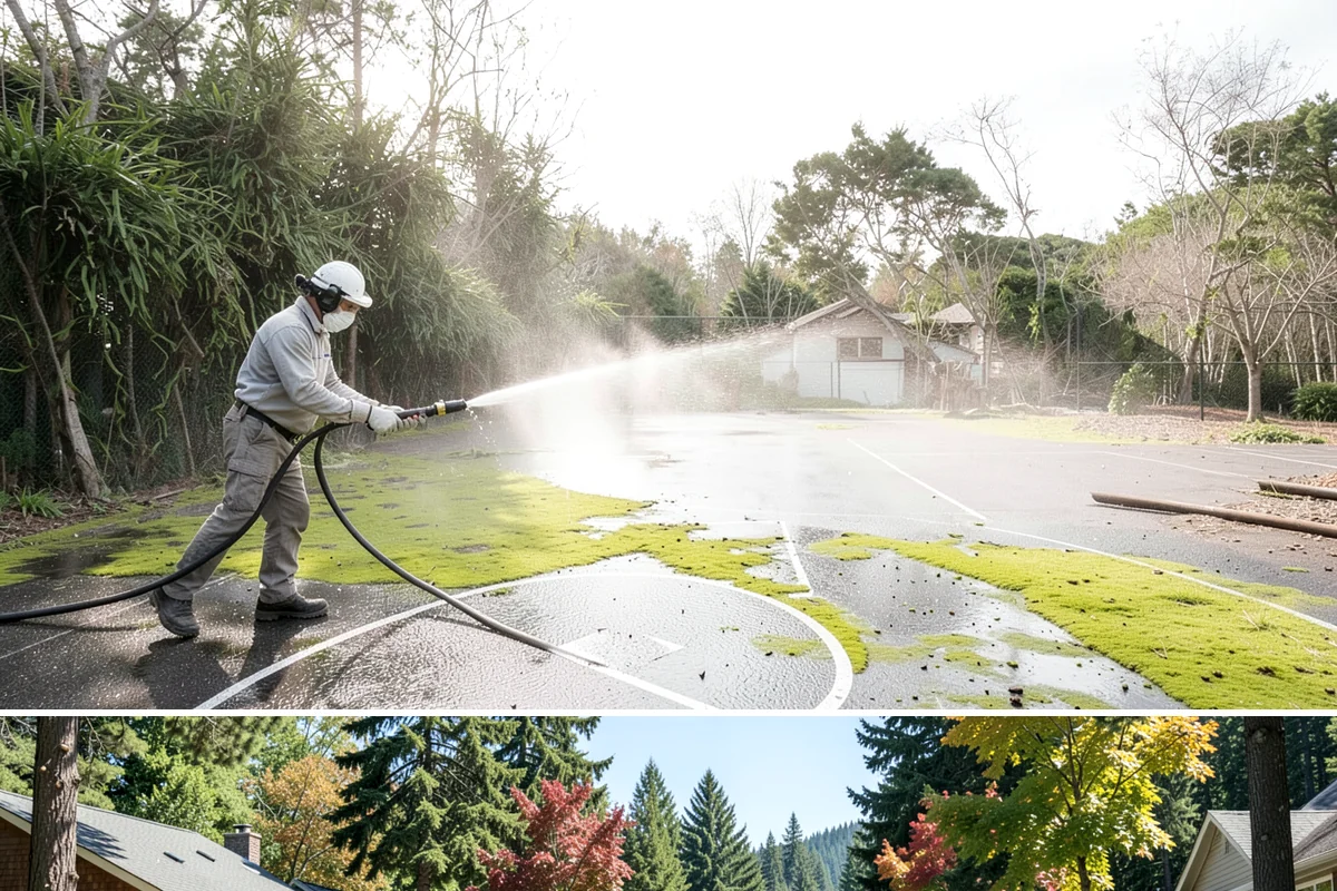 Sandstone Cleaning in Orting, Pierce County, WA - A dry summer window is important so the porous stone can shed moisture and avoid the flaking that oversaturation causes.