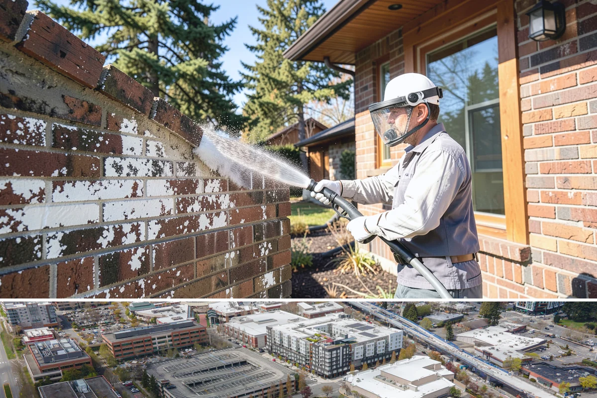 Sandstone Cleaning in Redmond, King County, WA - A dry summer window is important so the porous stone can shed moisture and avoid the flaking that oversaturation causes.