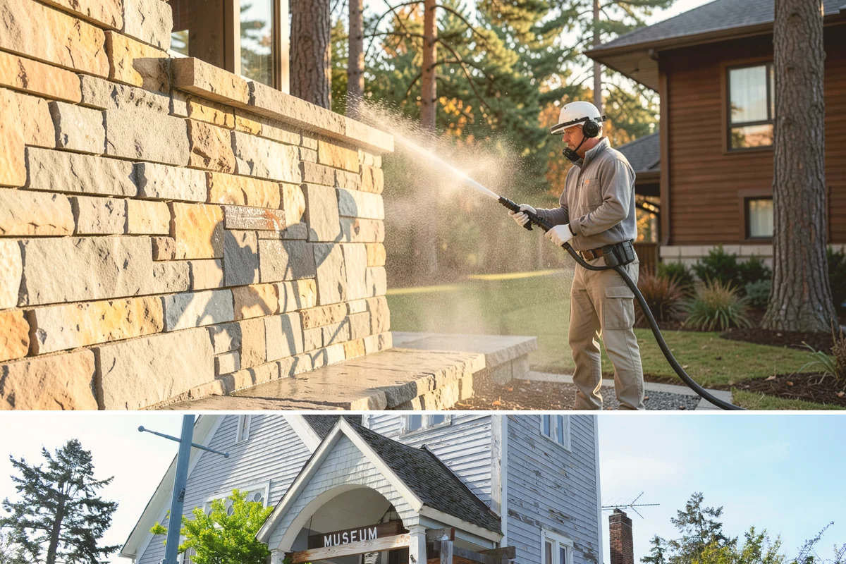 Sandstone Cleaning in Steilacoom, Pierce County, WA - A dry summer window is important so the porous stone can shed moisture and avoid the flaking that oversaturation causes.