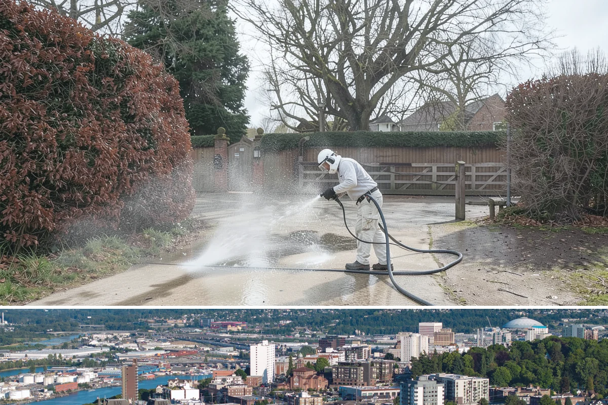 Sandstone Cleaning in Tacoma, Pierce County, WA - A dry summer window is important so the porous stone can shed moisture and avoid the flaking that oversaturation causes.