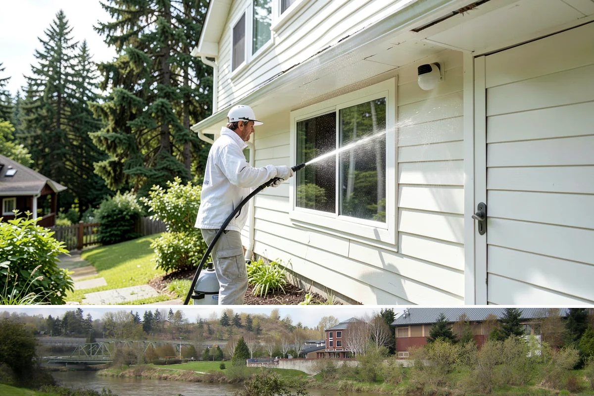 Sandstone Cleaning in Tukwila, King County, WA - A dry summer window is important so the porous stone can shed moisture and avoid the flaking that oversaturation causes.