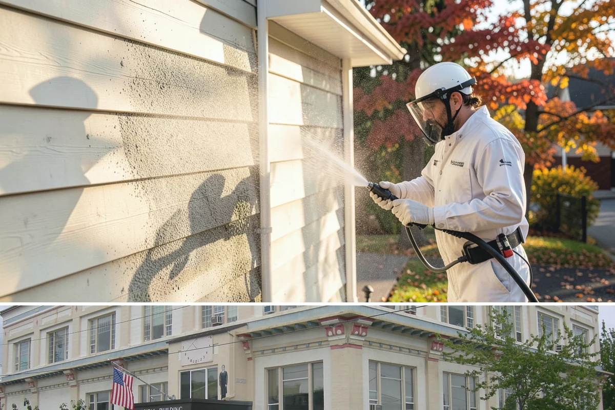 School Exterior Cleaning in Anacortes, Skagit County, WA - Summer break is the ideal window for a full-campus wash, with a lighter cleaning over winter break to manage wet-season algae.
