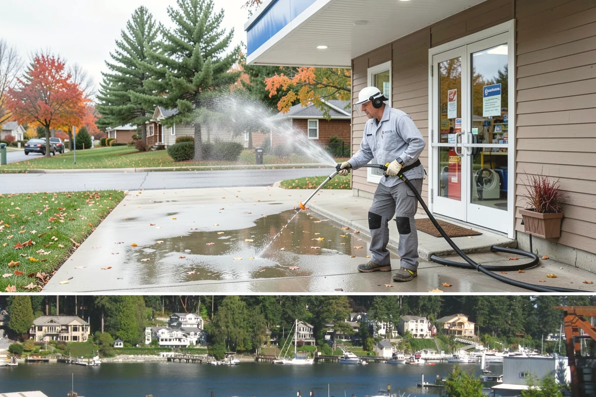 School Exterior Cleaning in Gig Harbor, Pierce County, WA - Summer break is the ideal window for a full-campus wash, with a lighter cleaning over winter break to manage wet-season algae.