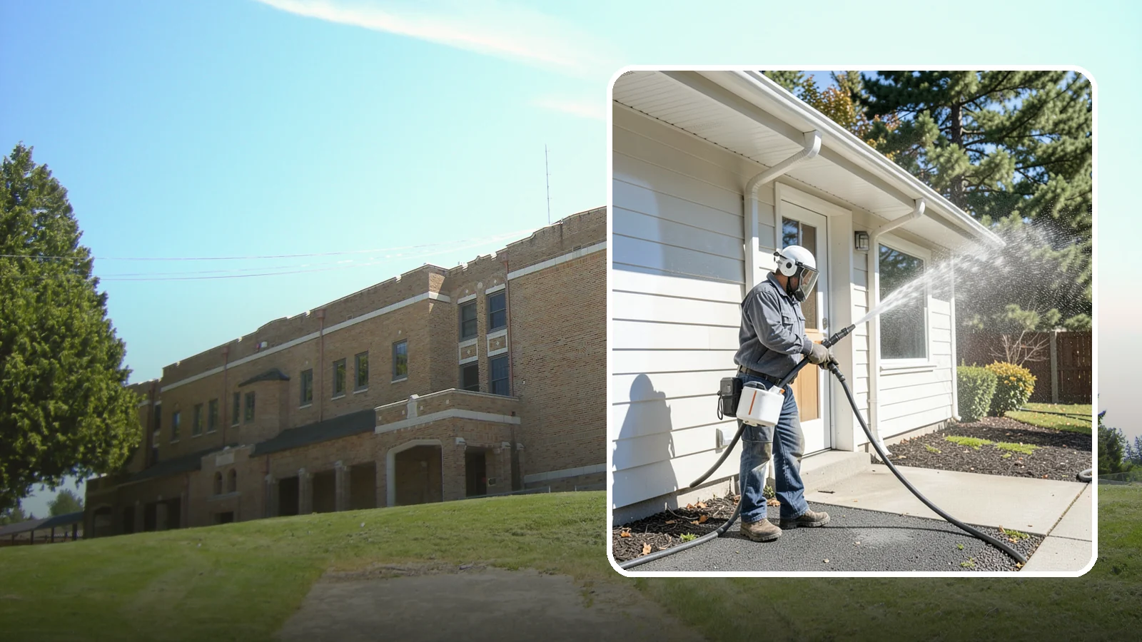 School Exterior Cleaning in Maple Valley, King County, WA - Safe, thorough exterior cleaning for schools that clears algae, gum, and grime from entrances, breezeways, and play-adjacent...