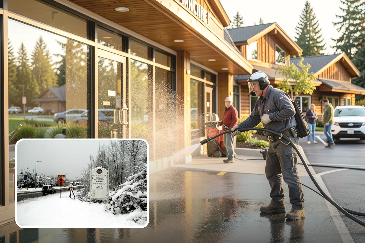 School Exterior Cleaning in Newcastle, King County, WA - Removes slick algae from breezeways and covered walkways
