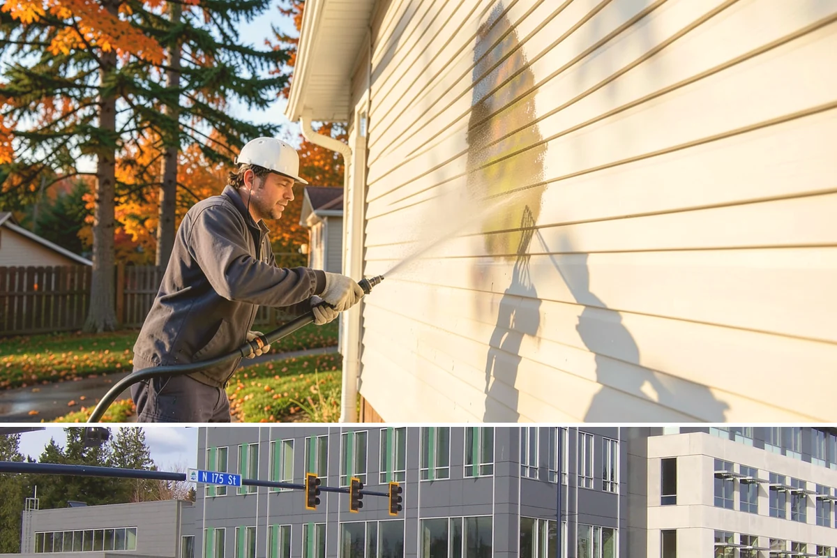 School Exterior Cleaning in Shoreline, King County, WA - Summer break is the ideal window for a full-campus wash, with a lighter cleaning over winter break to manage wet-season algae.