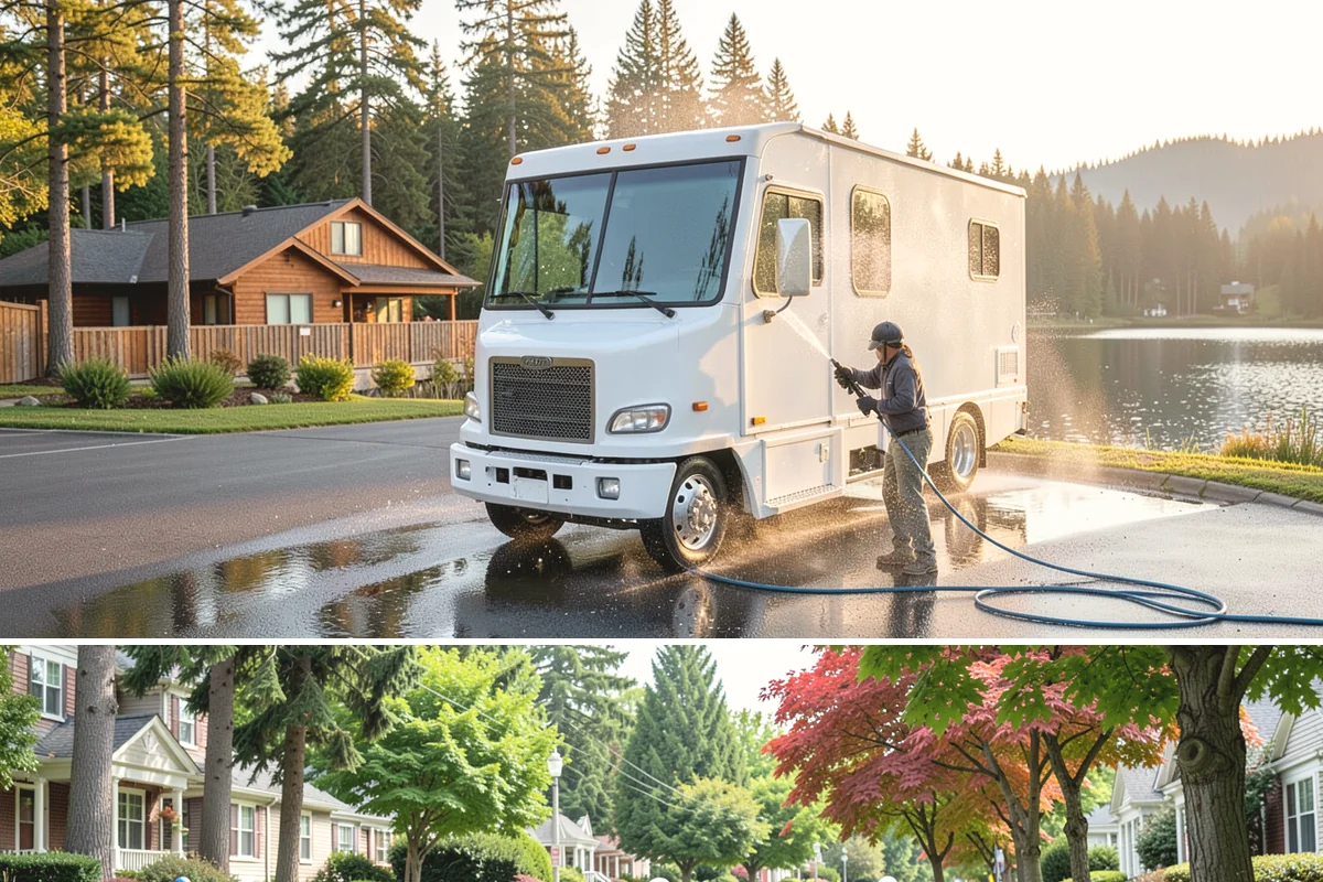Semi-Truck Washing in Beaux Arts Village, King County, WA - Winter runs over the passes leave heavy salt film, making cold-season washes especially important.