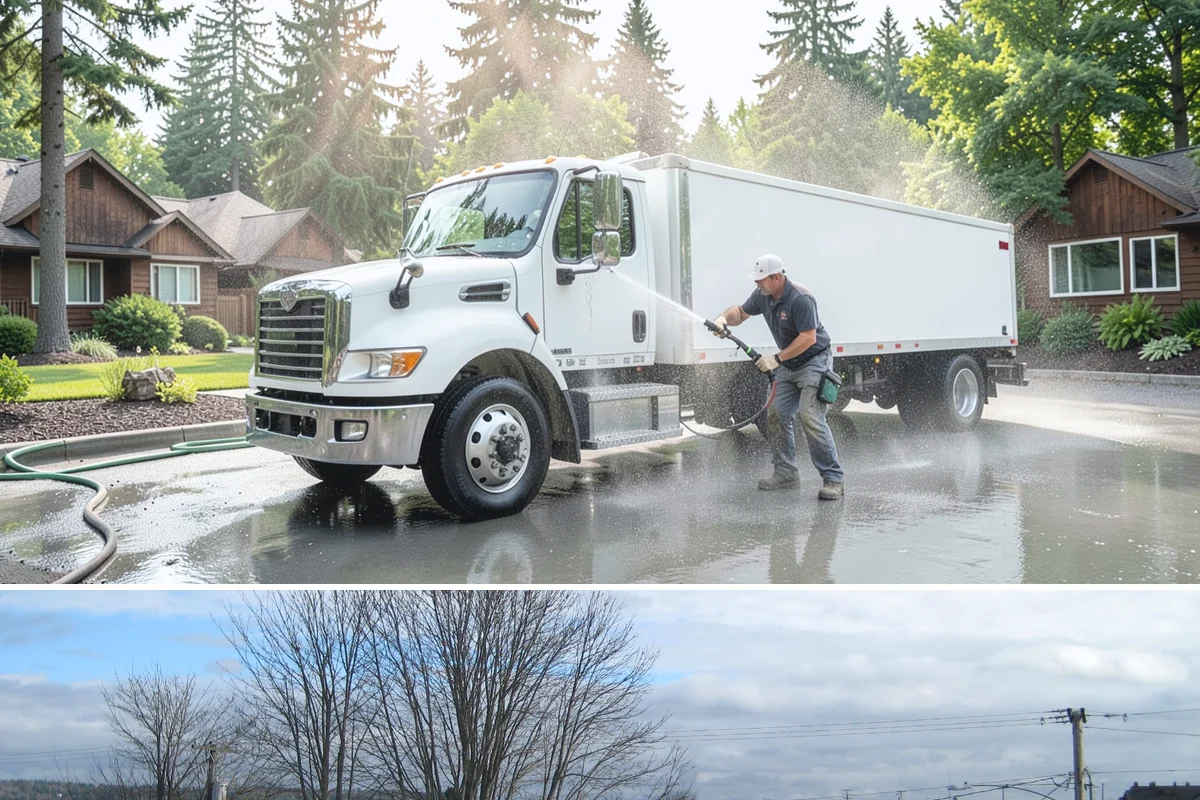 Semi-Truck Washing in Langley, Island County, WA - Winter runs over the passes leave heavy salt film, making cold-season washes especially important.